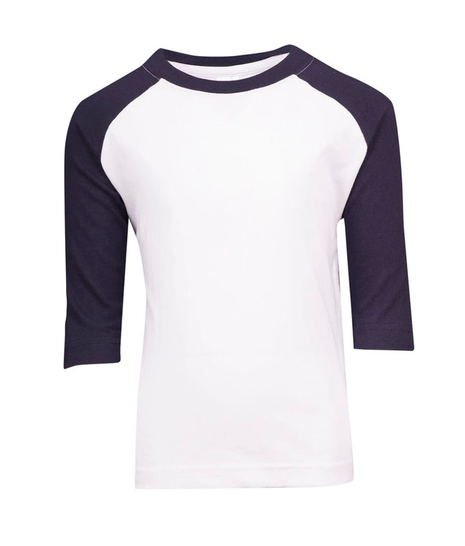 A kids' 3/4 raglan sleeve T-shirt featuring white fabric with navy blue sleeves and a logo.