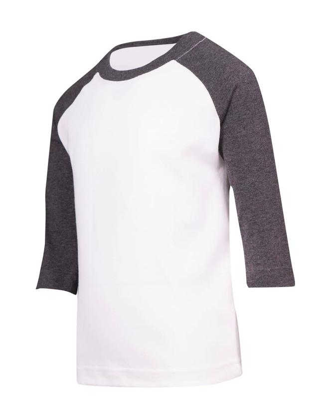 A white kids' T-shirt featuring grey 3/4 raglan sleeves, with a rounded neckline and no visible logos or branding.