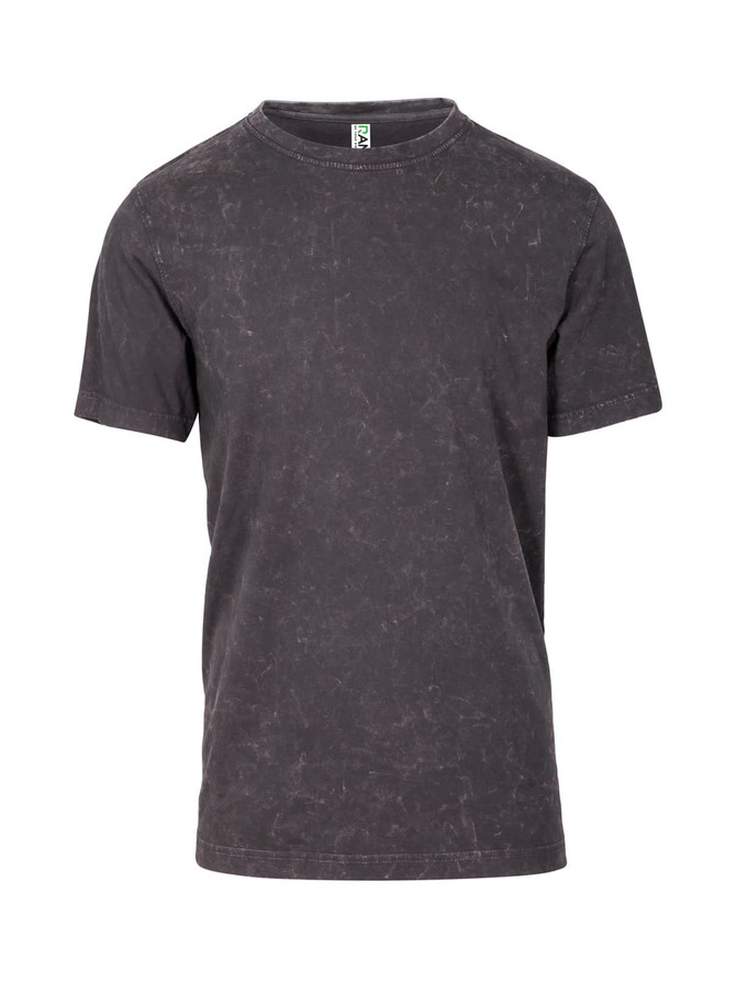 A unisex stone wash T-shirt in a dark grey colour, featuring a round neck and short sleeves.