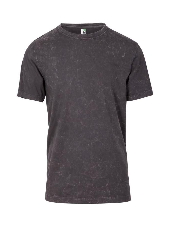 A stone wash, short-sleeved T-shirt in dark grey with a logo. Suitable for men's or unisex wear.