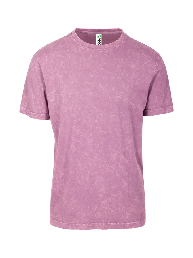A unisex stone wash T-shirt in a faded purple hue, featuring a logo on the label.