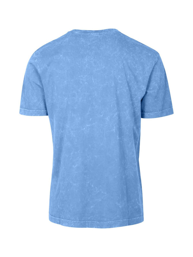 A blue stone wash T-shirt with a crew neck and short sleeves, featuring a plain back and a logo.