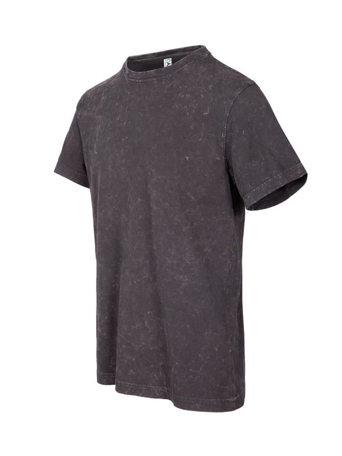 A unisex stone wash T-shirt in a dark grey colour with a round neckline and short sleeves. It features a logo.