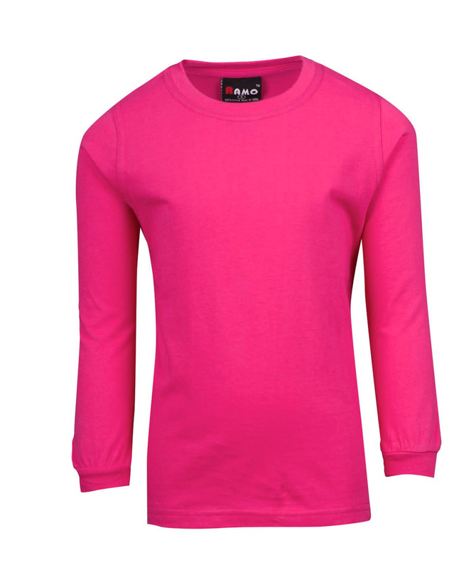 A pink long sleeve T-shirt with a round neck and a logo on the label.