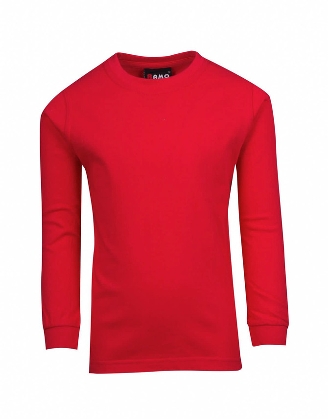 A red kid's long sleeve T-shirt with a round neckline and a brand logo inside the collar.