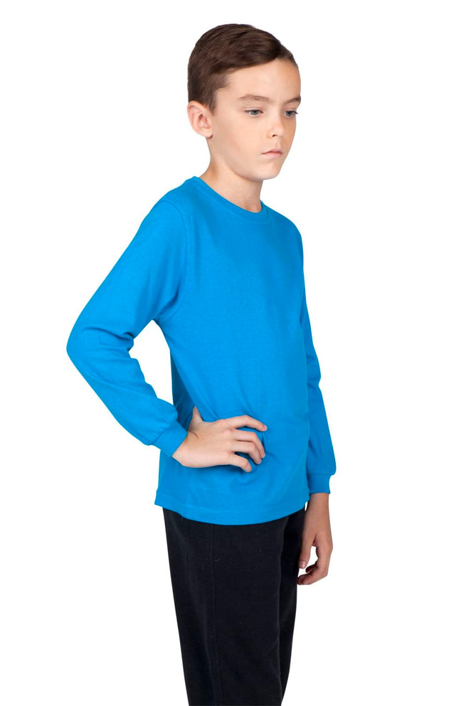 A blue long sleeve T-shirt for kids, featuring a simple design and a logo on the chest.