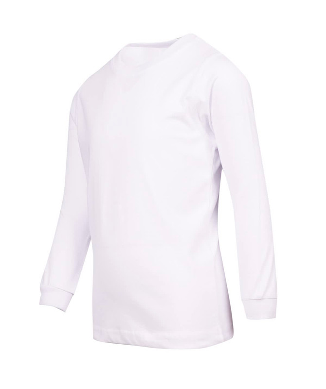 A white long sleeve T-shirt for kids, featuring a simple design and a branding logo.
