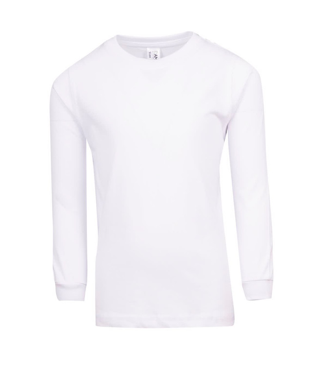 A white kid's long sleeve T-shirt with a simple design and a logo on the upper side.