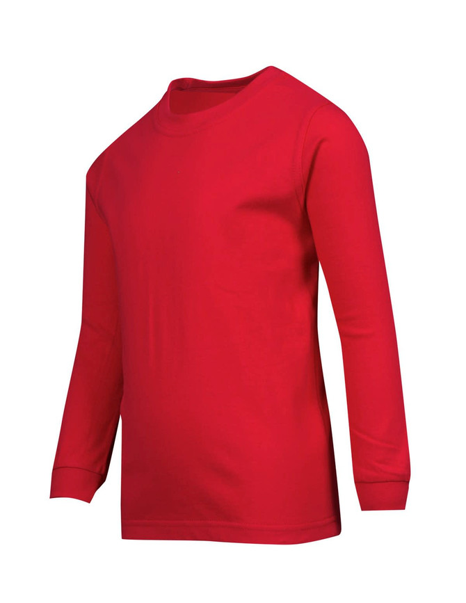 A red long sleeve T-shirt for kids, featuring a simple design and a round neckline. It has no visible logos.