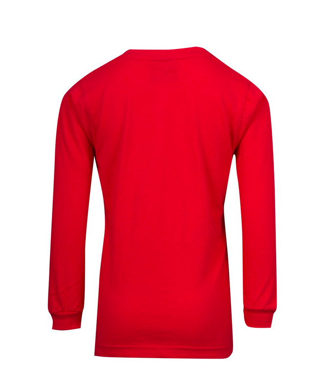 A red long sleeve T-shirt with a smooth back view, featuring fitted sleeves. It has a logo on the back.