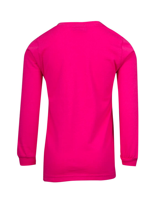 A pink long sleeve T-shirt with a round neckline and a simple design, featuring a logo on the back.