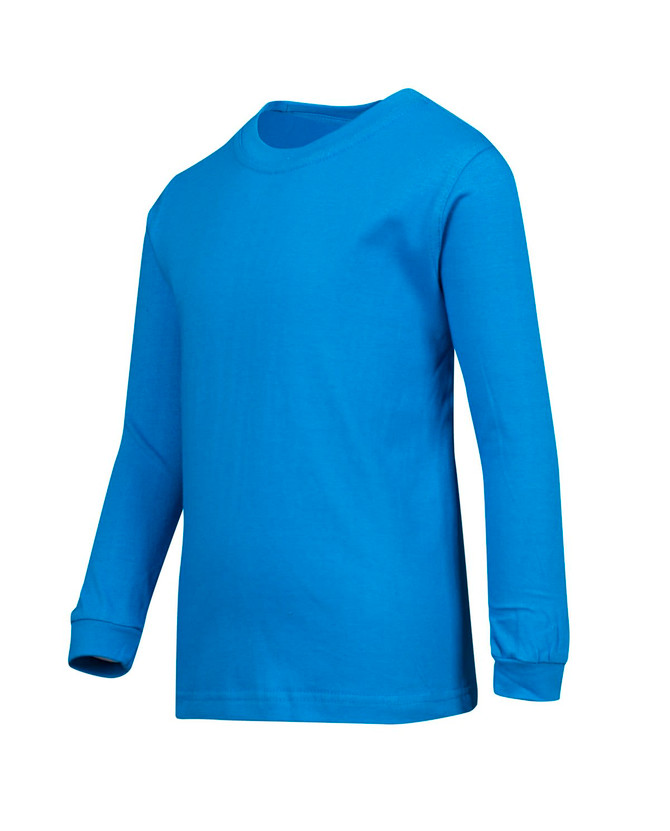 A blue long sleeve T-shirt with a round neck and cuffs, featuring a branding logo.