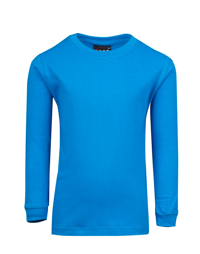 A bright blue long sleeve T-shirt featuring a crew neckline and cuffed sleeves. It includes a logo.