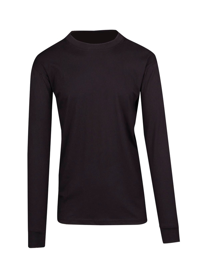A black long sleeve T-shirt for men or unisex with a round neckline and a logo.