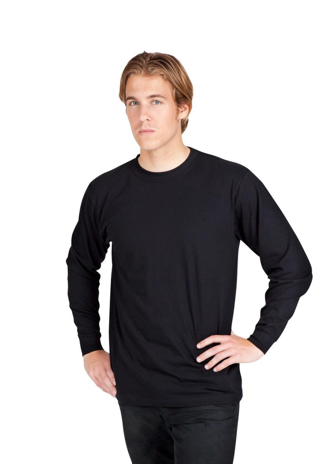 A black long sleeve T-shirt worn by a model with a neutral expression, featuring a logo on the chest.
