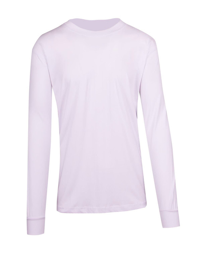 A long sleeve T-shirt in white, featuring a simple design and a logo on the back.