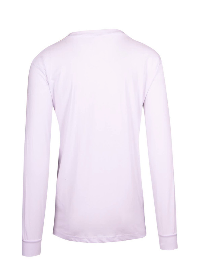 A unisex long sleeve T-shirt in white, featuring a simple design and a logo on the back.