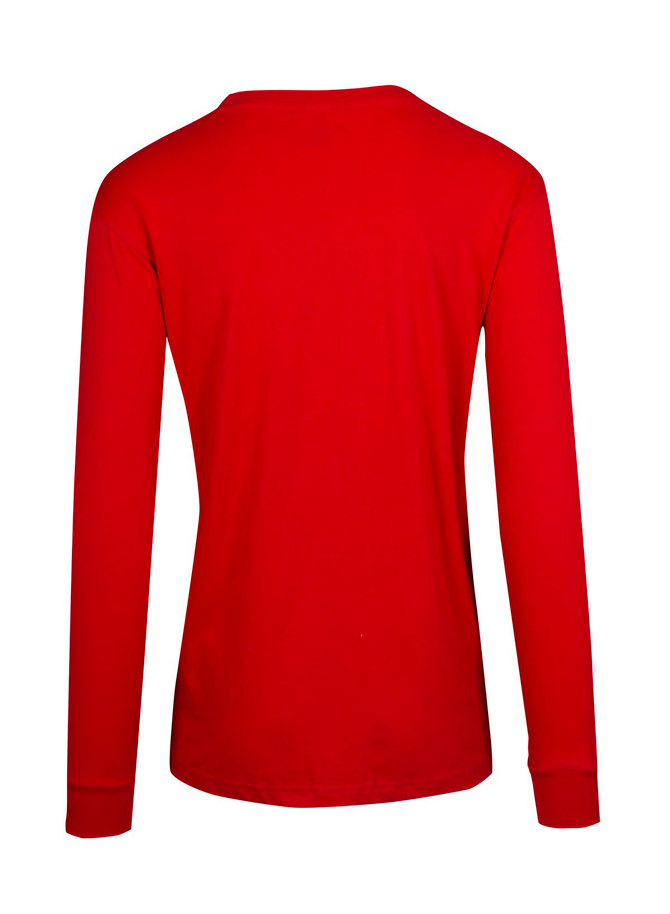 A red long sleeve T-shirt featuring a crew neck and a logo on the back.