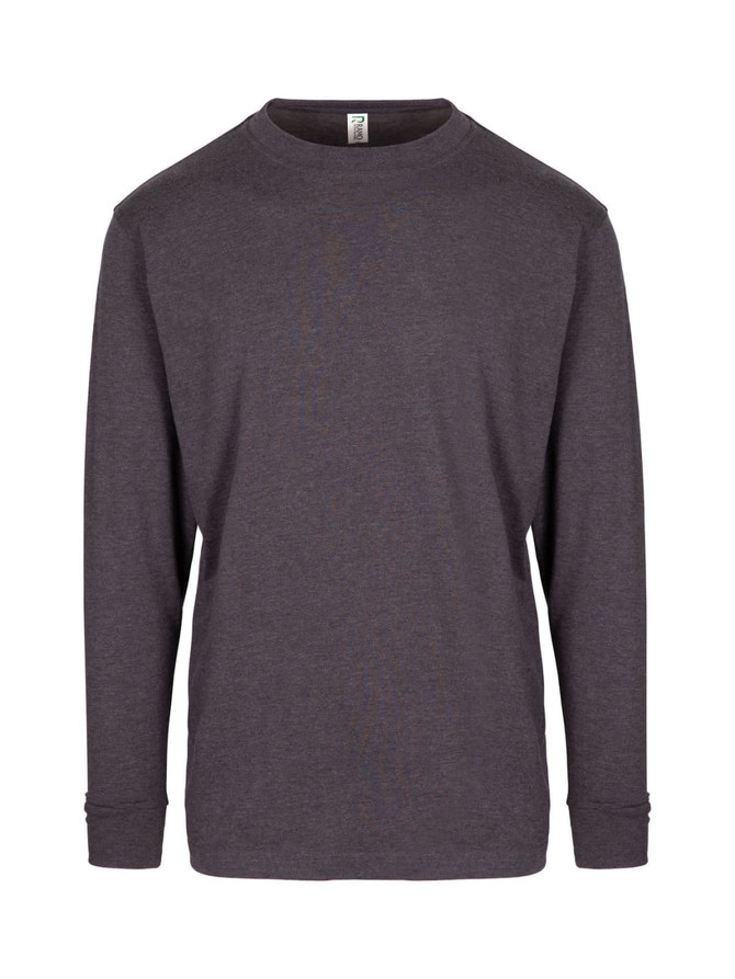 A men's unisex long sleeve T-shirt in a dark grey colour, featuring a logo on the label.