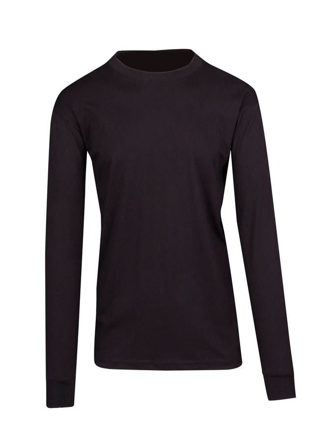 A black unisex long sleeve T-shirt with a crew neck and long sleeves, featuring a logo on the chest.