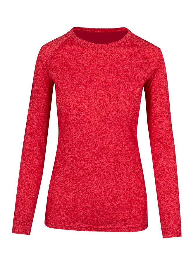 A red long sleeve t-shirt with a heathered texture, featuring a neckline and long raglan sleeves.