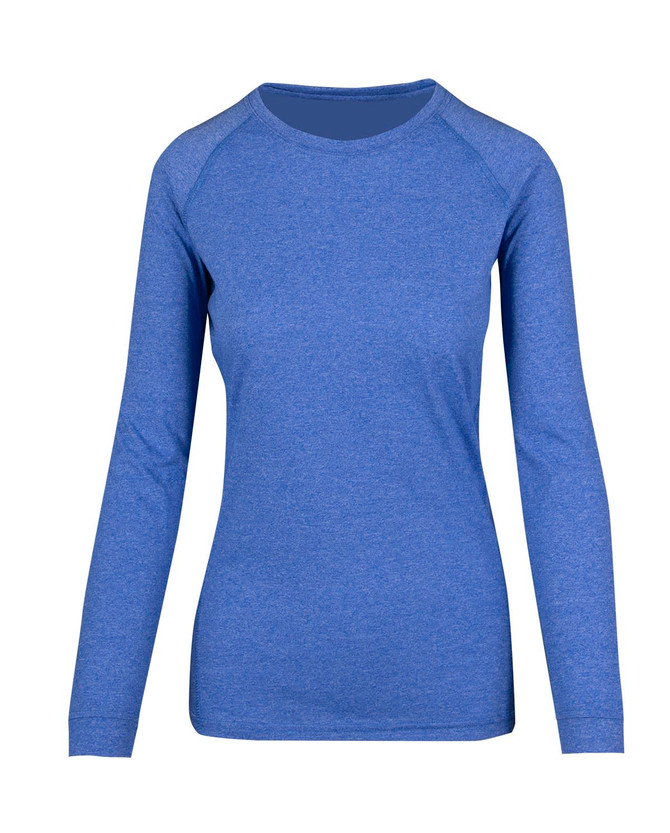 A blue women's long sleeve t-shirt with a crew neck and raglan sleeves. It has a subtle heathered pattern and a branding logo.