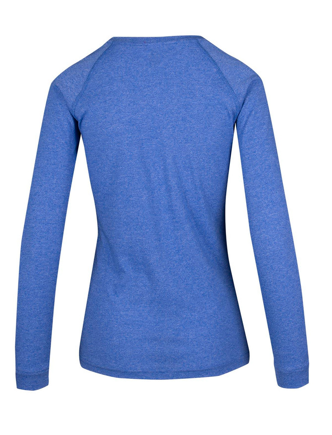 A blue long sleeve t-shirt with a heathered texture and a fitted silhouette. Features a logo on the back.