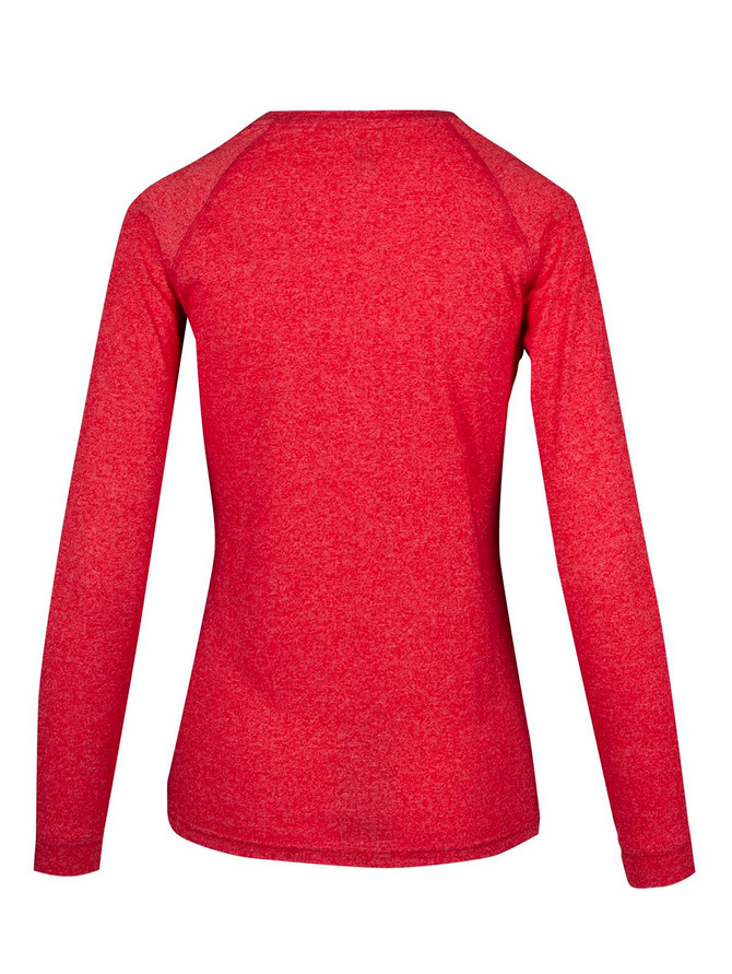 A red heather long sleeve women's t-shirt with a simple back design. It features raglan sleeves and has a logo.