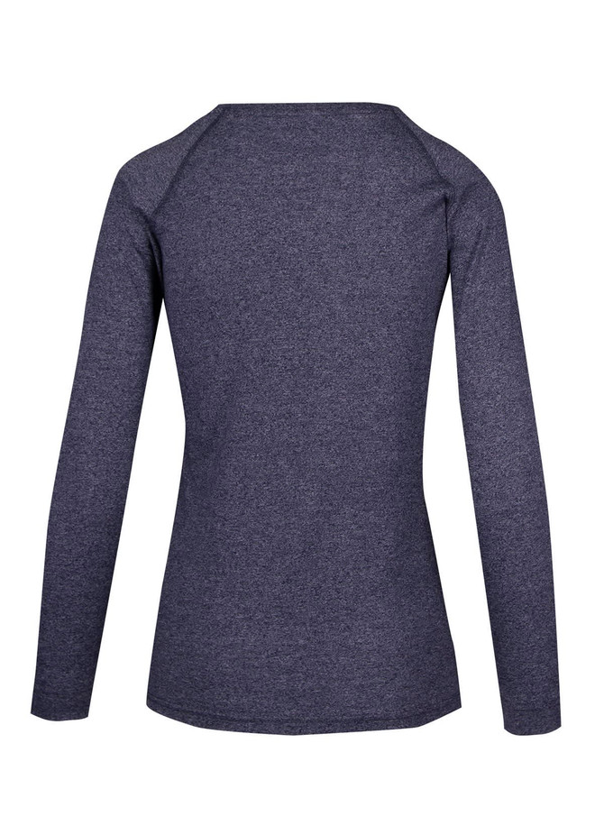 A women's long sleeve T-shirt in heather grey with a fitted design and a subtle branding logo.