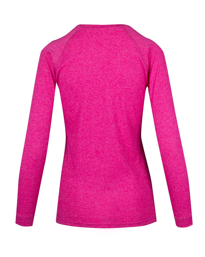 A long-sleeve T-shirt in heather pink, featuring a crew neck and raglan sleeves, with a logo on the back.