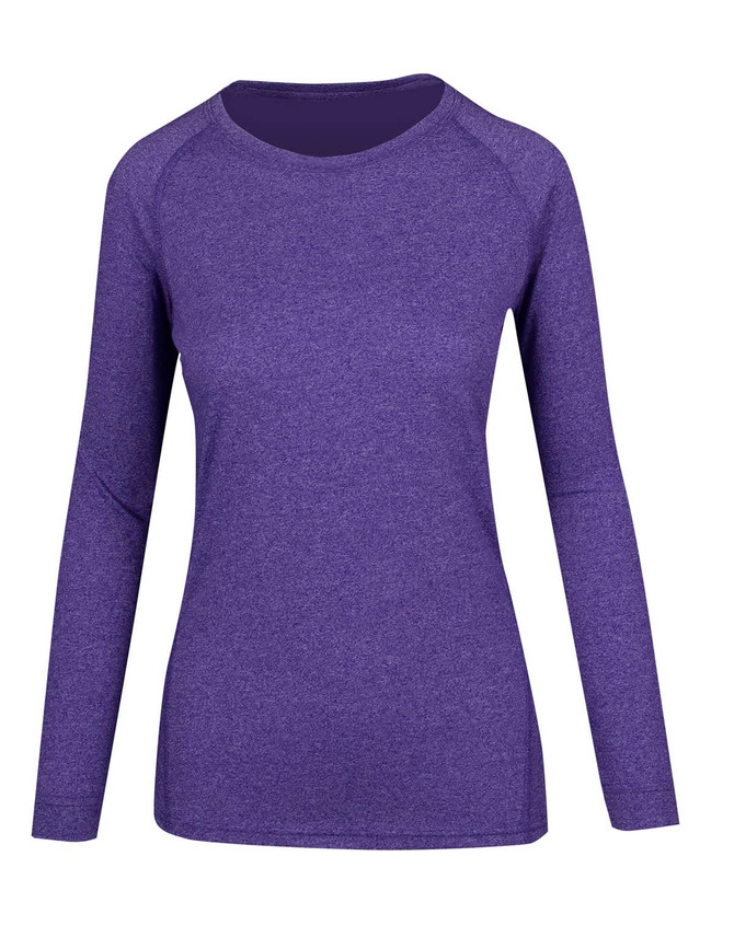 A long-sleeve women's t-shirt in a heather purple colour with a sporty design and a logo.
