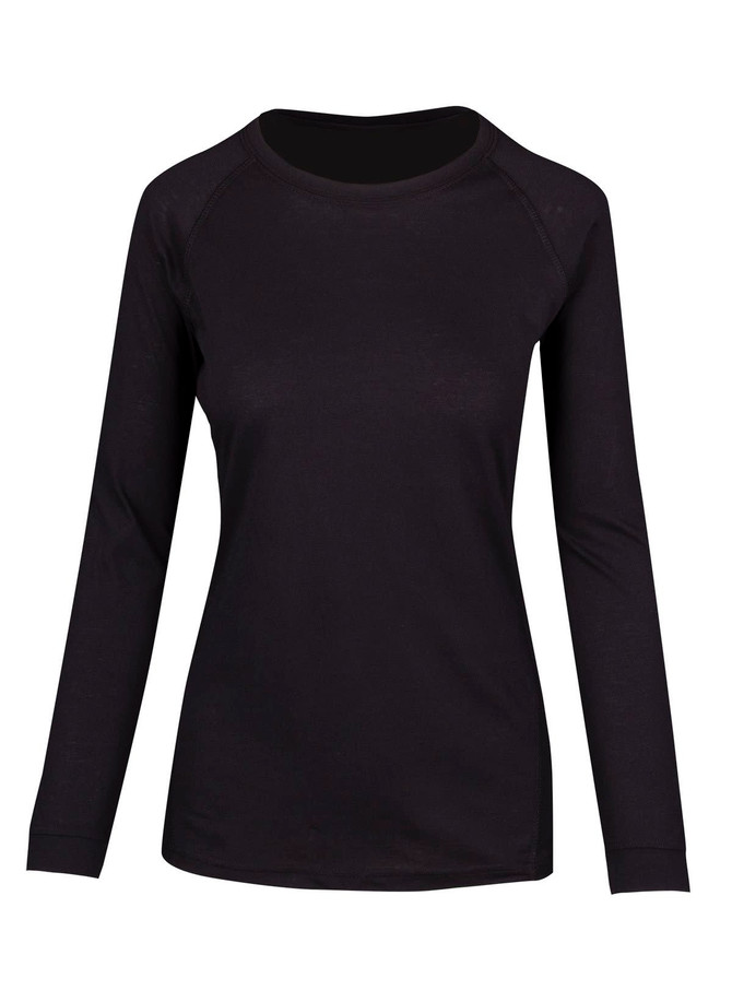 A black long sleeve T-shirt with a rounded neckline and a fitted silhouette, featuring a logo.