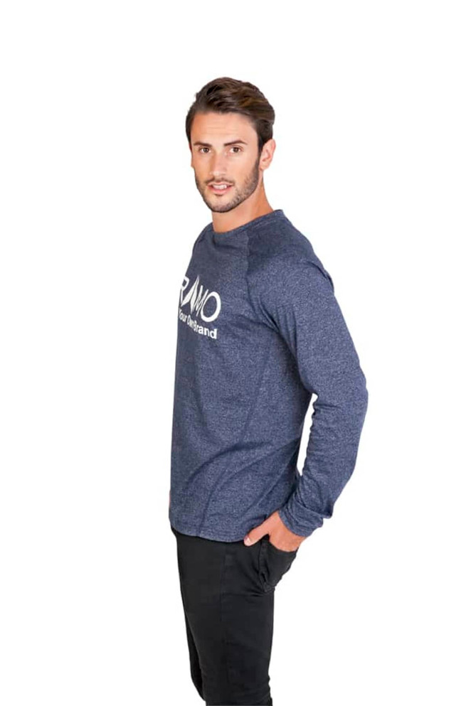 A navy long sleeve T-shirt with a logo, worn by a model against a white background.