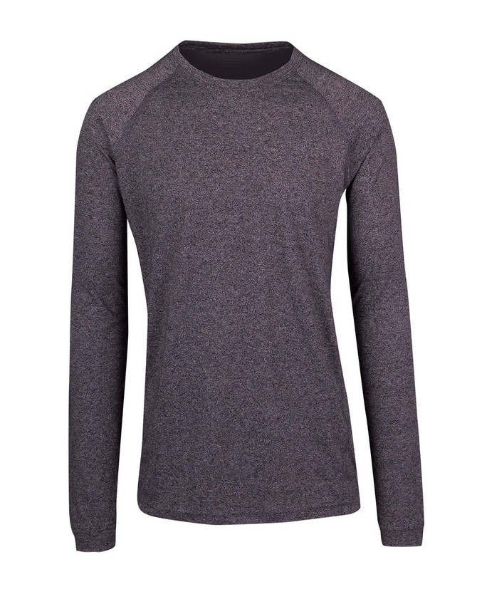A dark heather grey long sleeve T-shirt with a crew neck and raglan sleeves. It features a branding logo.