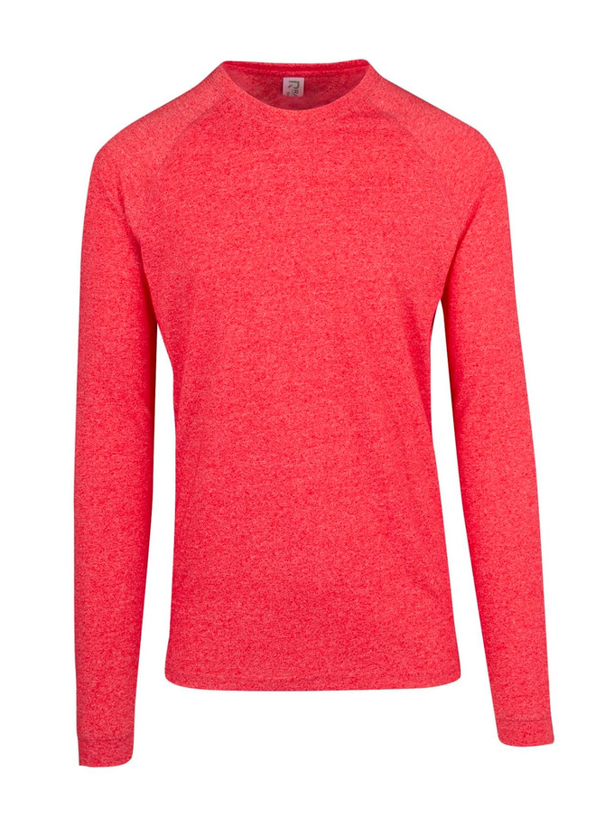 A red heather long sleeve T-shirt with raglan sleeves and branding on the label. Suitable for men and unisex wear.