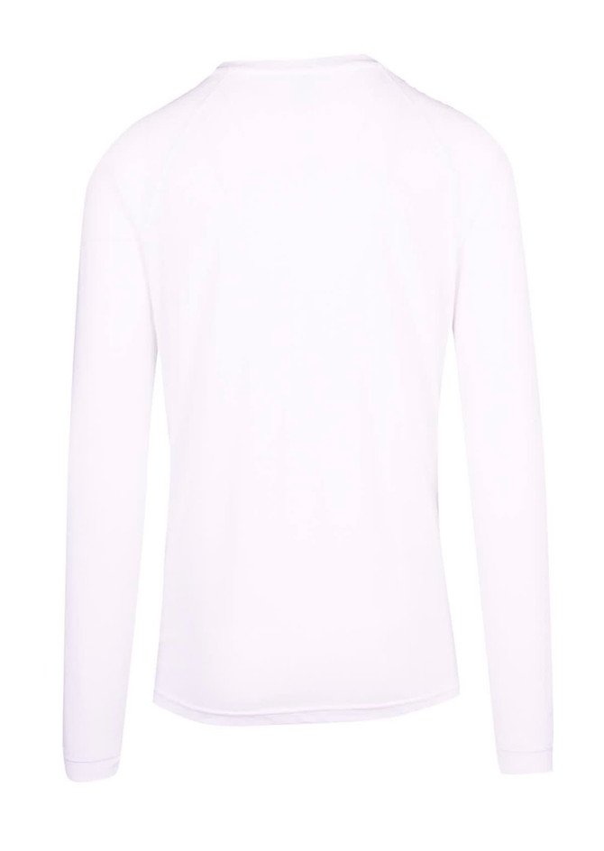 A white long sleeve T-shirt with a simple design and a logo on the back.