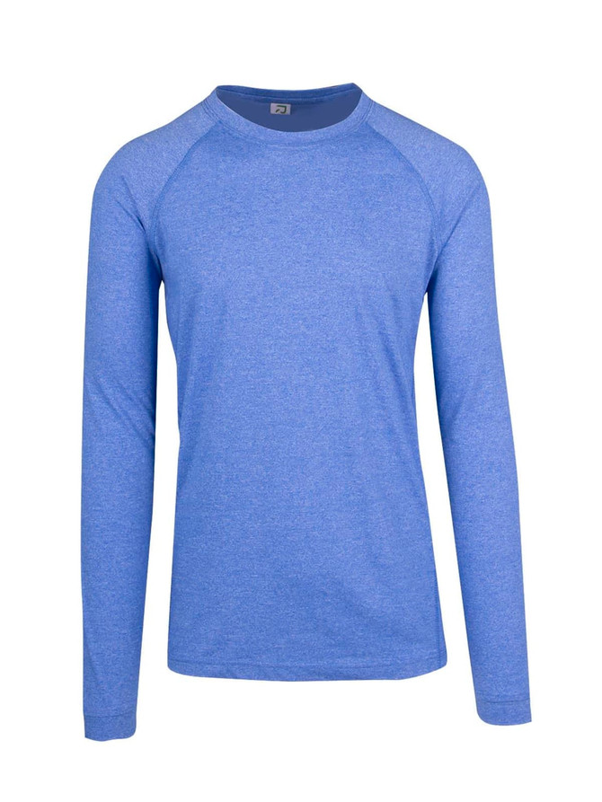 A blue long sleeve T-shirt with a round neckline and raglan sleeves, featuring a logo on the front.