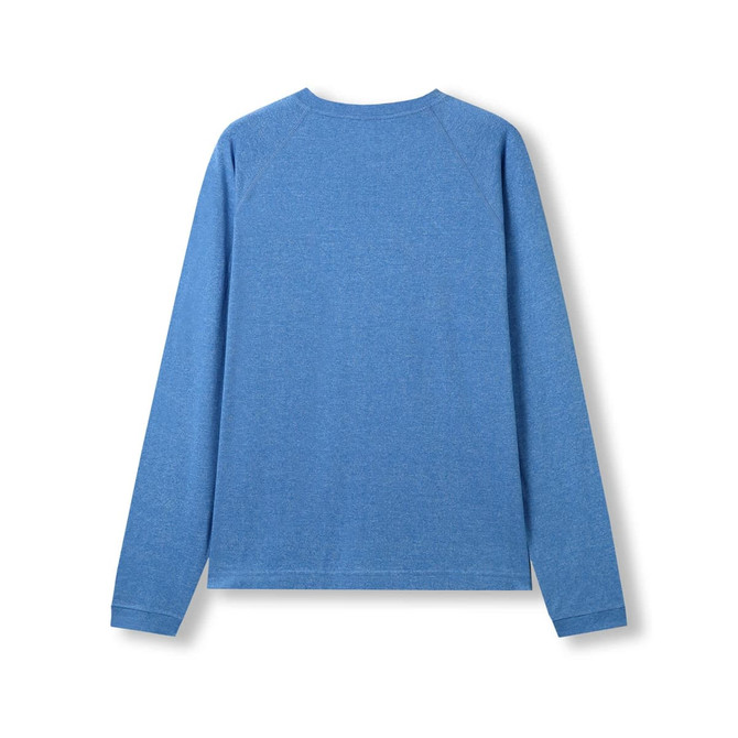 A blue heather long sleeve T-shirt with a rounded neckline and raglan sleeves, featuring a logo on the back.