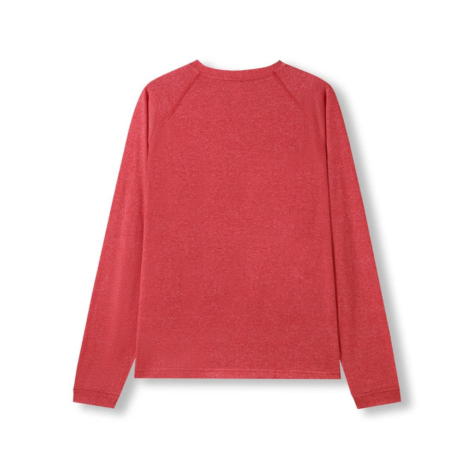 A red long sleeve unisex T-shirt with a heather texture and a simple back design. It has a logo.