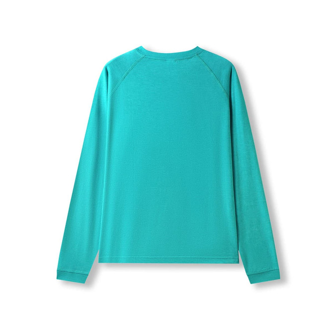 A long sleeve t-shirt in heather turquoise, featuring a simple design and a logo on the back.