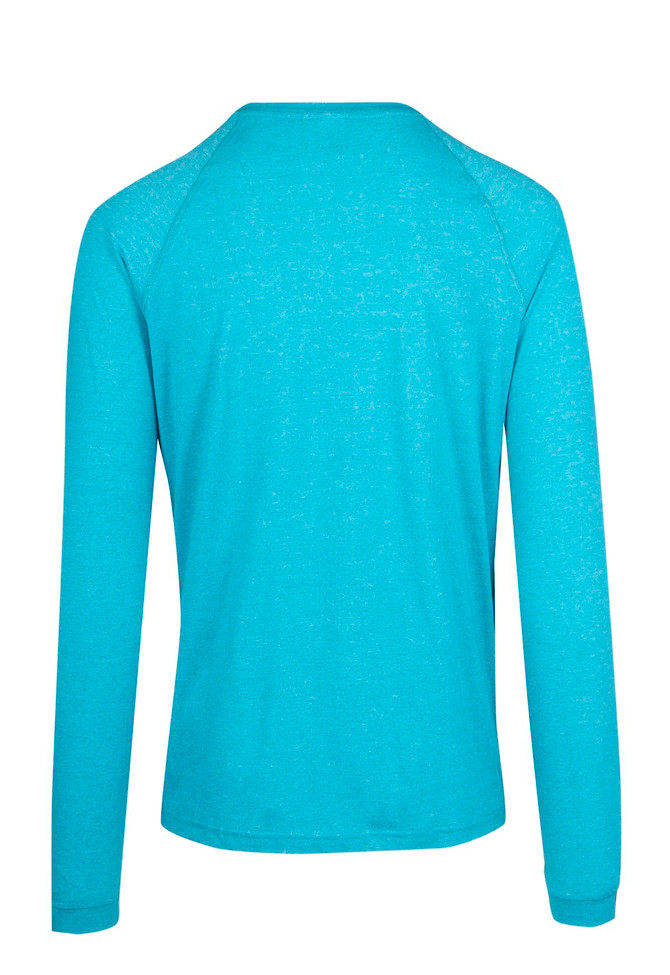 A long sleeve t-shirt in heather turquoise, featuring a simple design and a logo on the back.