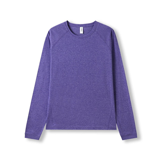 A purple long sleeve T-shirt with a heathered texture and raglan sleeves, featuring a logo.