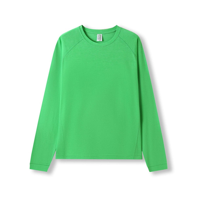 A green long sleeve T-shirt with a crew neckline and raglan sleeves, featuring a logo on one side.