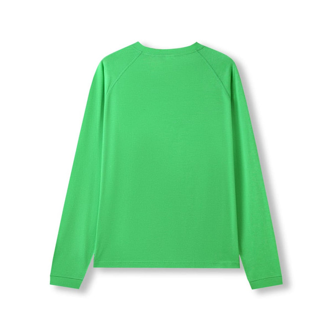 A green long sleeve T-shirt with a simple design and a soft fabric. It features raglan sleeves and a logo.