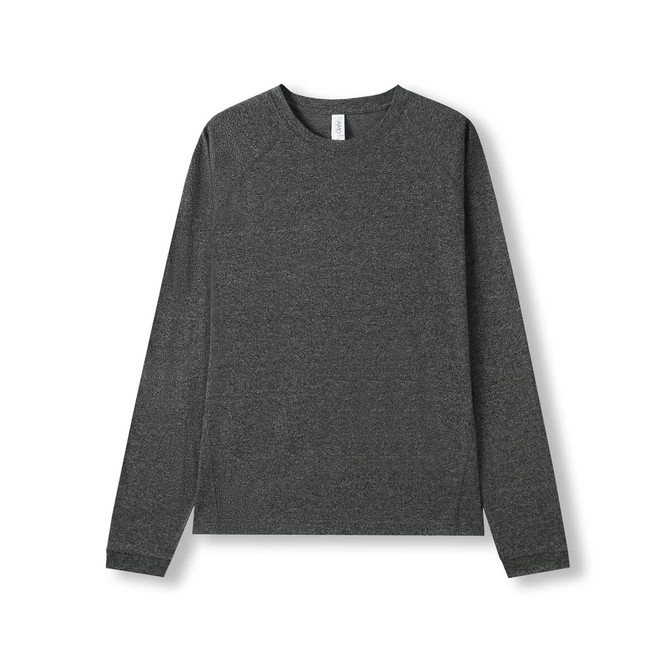 A long sleeve t-shirt in a heather grey colour, featuring raglan sleeves and a logo.