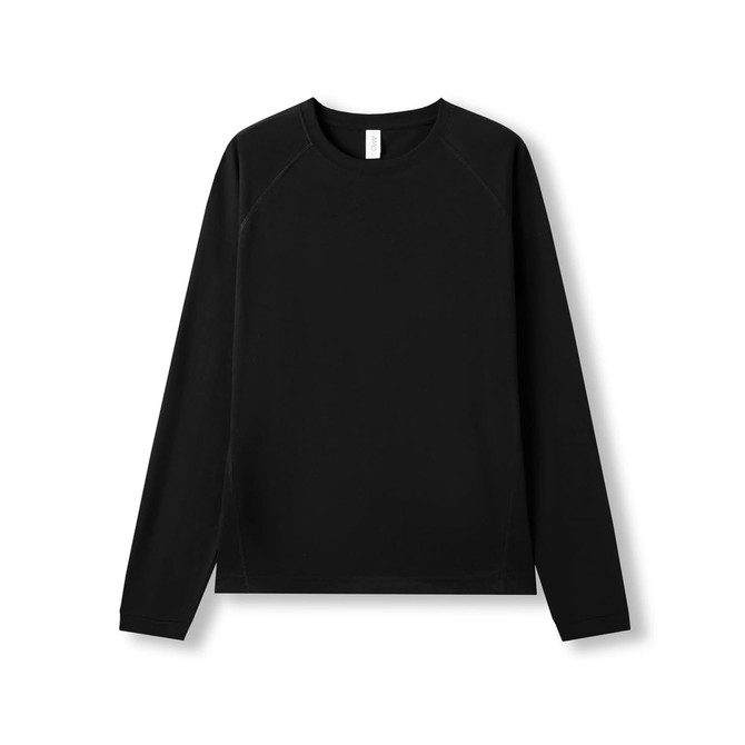 A black long sleeve T-shirt with a crew neckline and raglan sleeves, featuring a logo.
