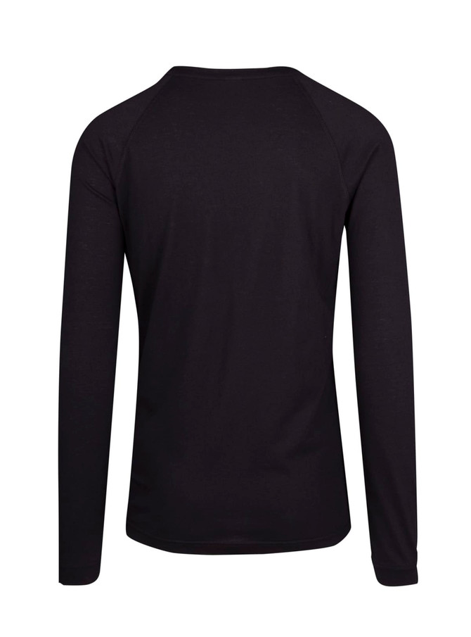 A black long sleeve t-shirt with a simple design and a logo on the back. Ideal for casual wear.
