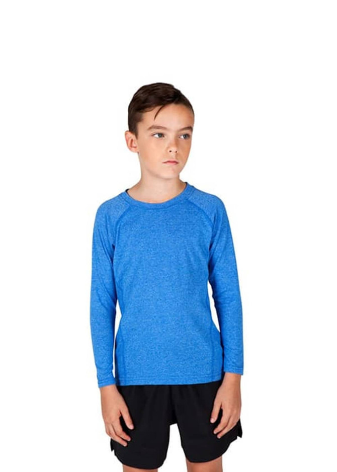 A long sleeve T-shirt for kids in blue, featuring a sleek design and a logo on the front.