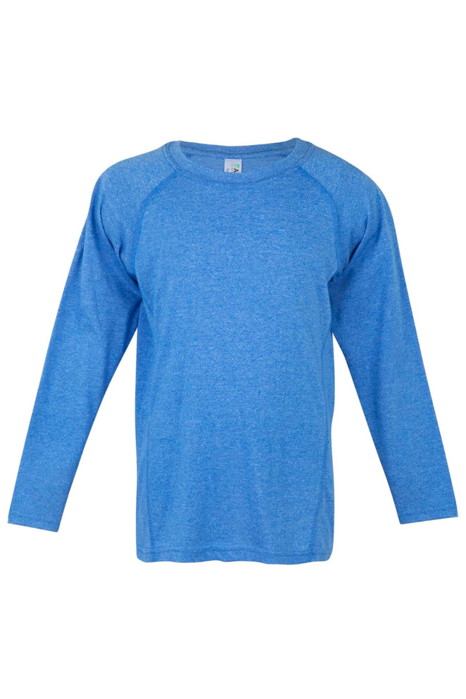 A blue long sleeve T-shirt with a relaxed fit and raglan sleeves. It features a branding logo on the label.