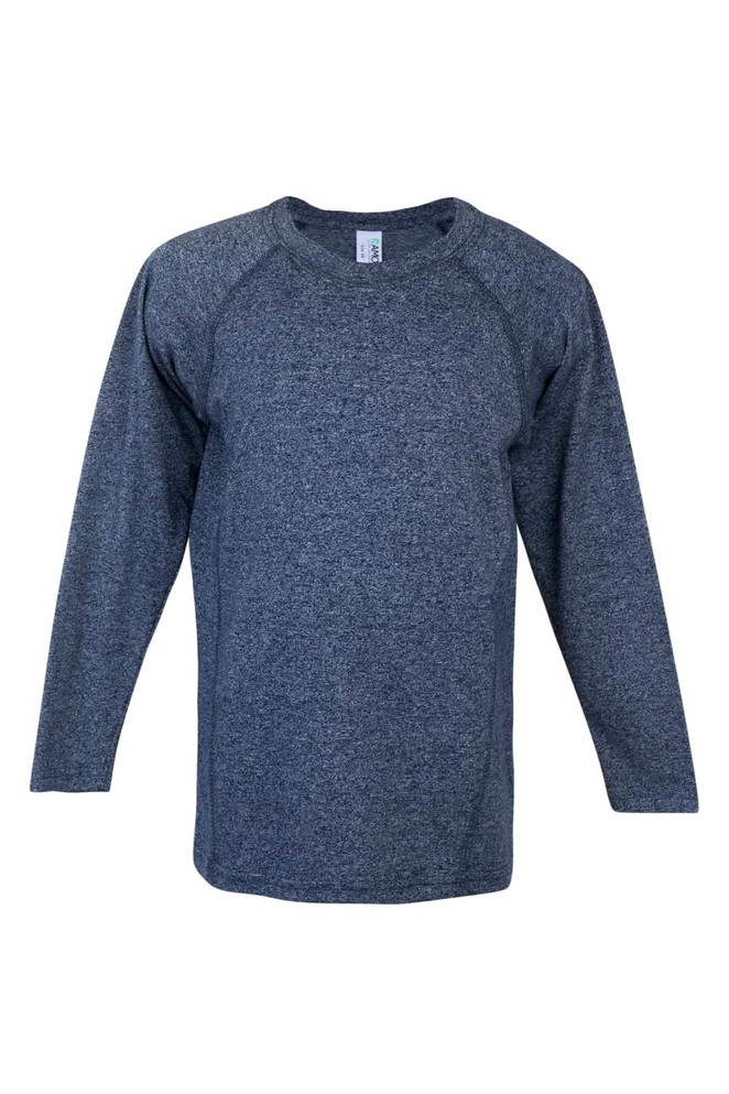 A long sleeve grey T-shirt with a simple design, featuring raglan sleeves and a logo.
